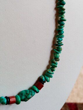 Genuine Southwestern Native American Turquoise & Red Coral Bead Necklace